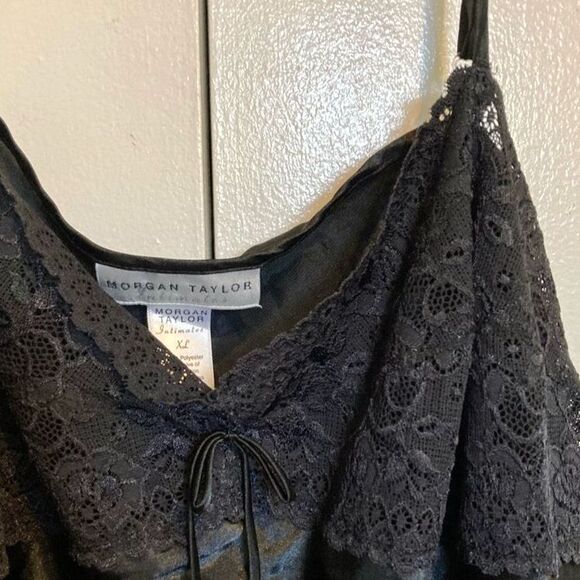 MORGAN TAYLOR Chemise Satin Lace Black Sexy Strappy Nightgown Womens XL - Picture 7 of 15